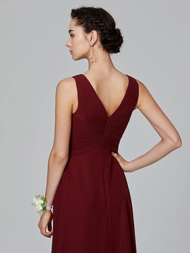 A-Line Bridesmaid Dress V Neck Sleeveless Floor Length Chiffon with Criss Cross / Side