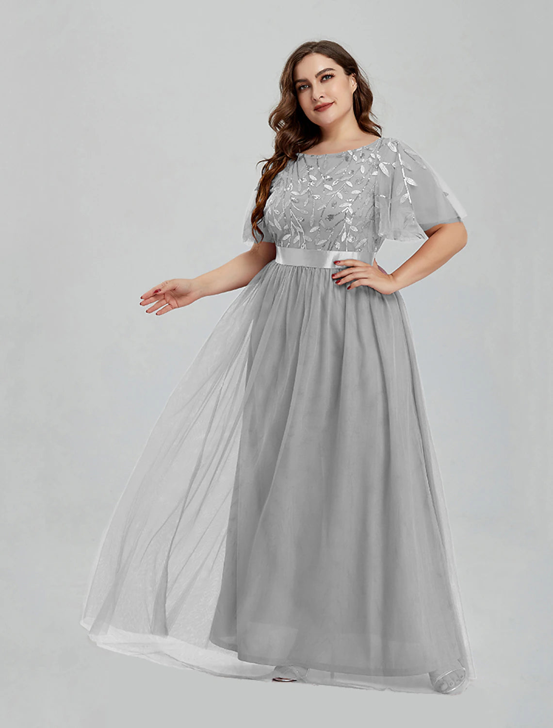 A-Line Prom Dresses Floral Dress Party Wear Quinceanera Floor Length Short Sleeve Jewel Neck Bridesmaid Dress Tulle