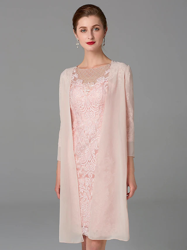 Two Piece Sheath / Column Mother of the Bride Dress Church Sparkle & Shine Jewel Neck Knee Length Chiffon Lace 3/4 Length Sleeve Jacket Dresses with Beading