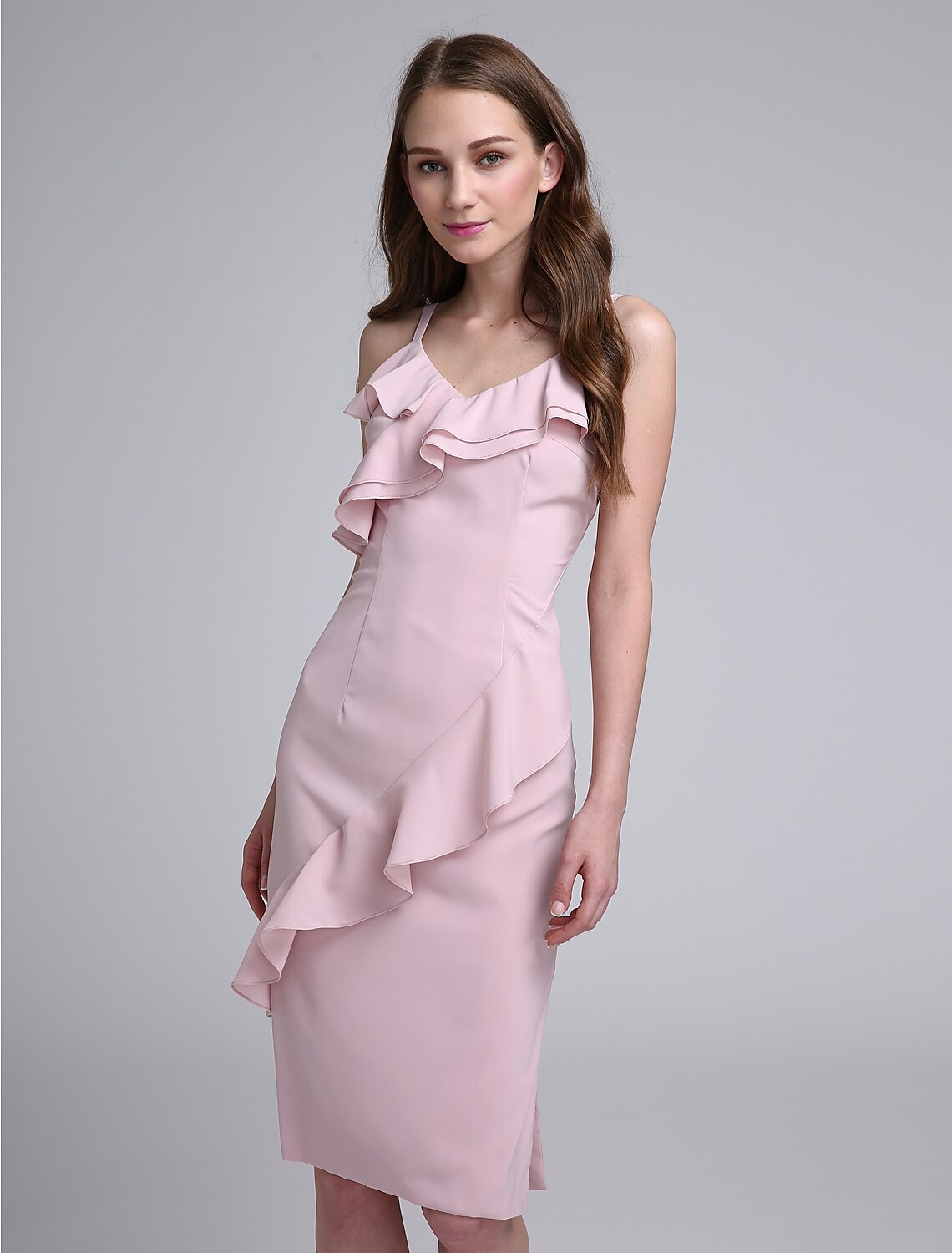 Sheath / Column Bridesmaid Dress Spaghetti Strap Sleeveless Elegant Knee Length Chiffon