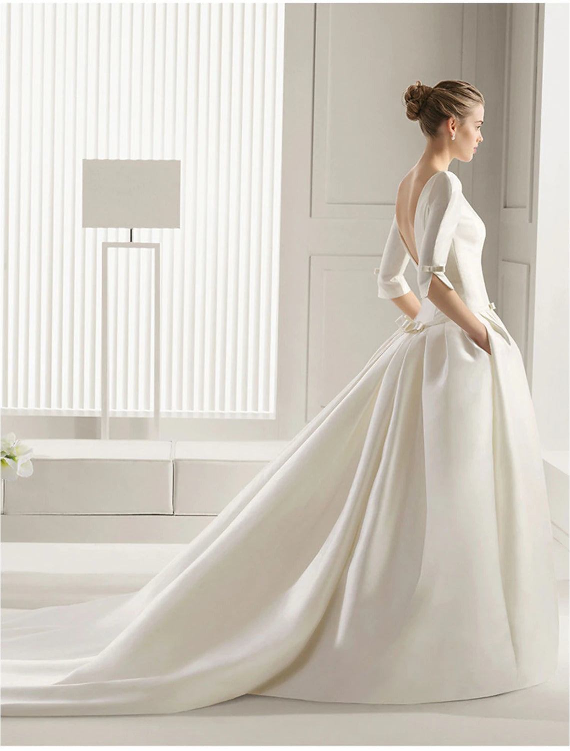 Engagement Formal Wedding Dresses A-Line Scoop Neck Half Sleeve Court Train Satin Bridal Gowns