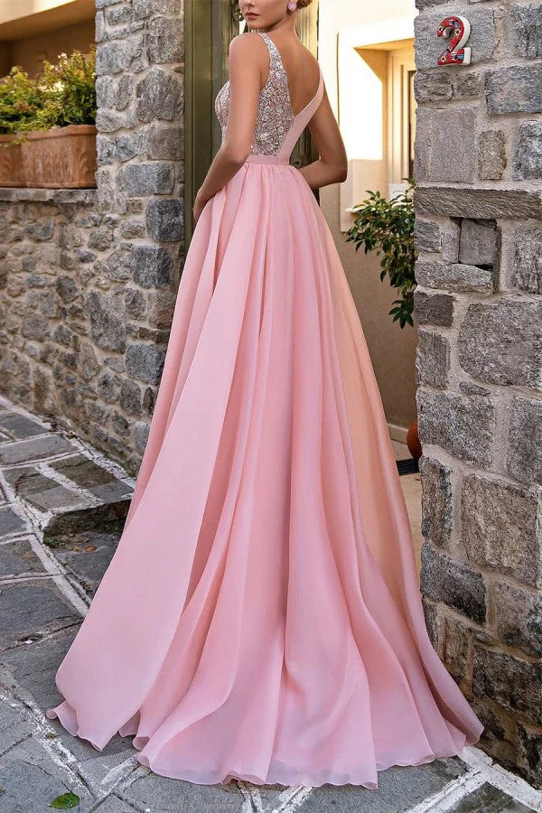 Pink V-neck A-line slit sparkling sleeveless long evening dress Sexy