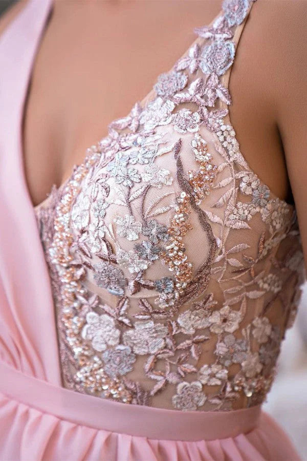 Pink V-neck A-line slit sparkling sleeveless long evening dress Sexy