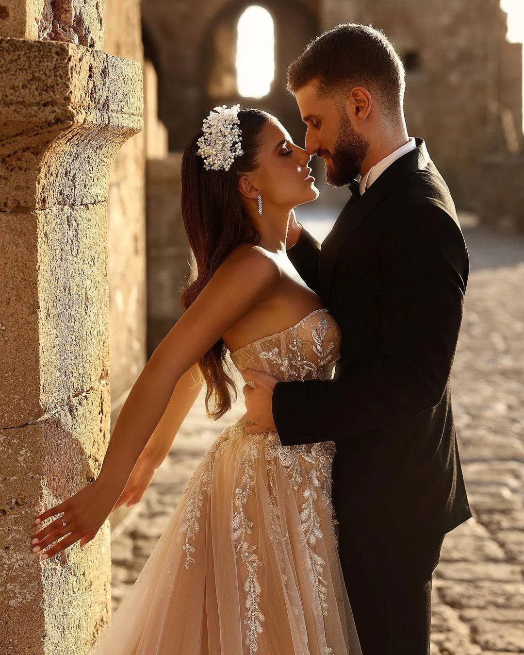 Champagne Wedding Dress Sweetheart A Line Beaded Tulle Bridal Gown With Appliques And Slit Off Shoulder