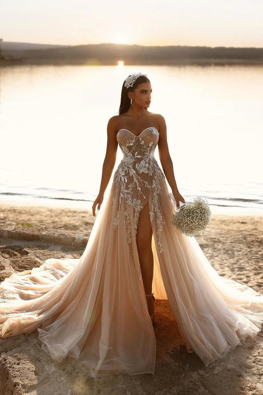 Champagne Wedding Dress Sweetheart A Line Beaded Tulle Bridal Gown With Appliques And Slit Off Shoulder