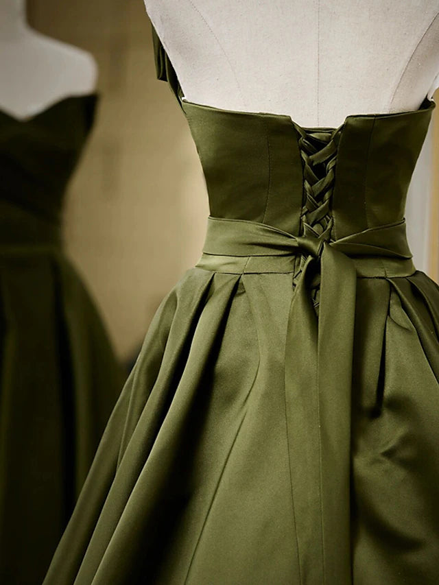 A-Line Evening Gown Sexy Dress Formal Floor Length Sleeveless Strapless Satin with Pleats