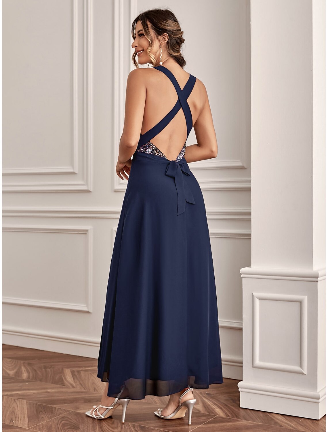 A-Line Wedding Guest Dresses Sparkle & Shine Dress Holiday Ankle Length Sleeveless V Neck Sequined with Sequin