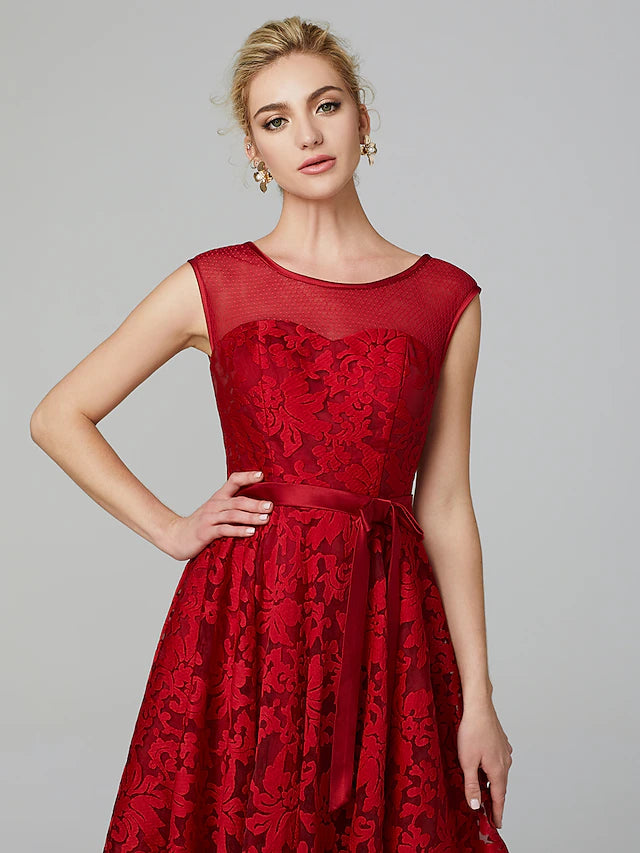 A-Line Elegant Dress Cocktail Party Tea Length Sleeveless Illusion Neck All Over Floral Lace