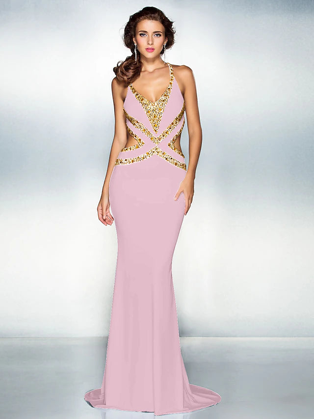 Mermaid / Trumpet Sparkle Dress Wedding Guest Sweep / Brush Train Sleeveless V Neck Jersey Crisscross Back