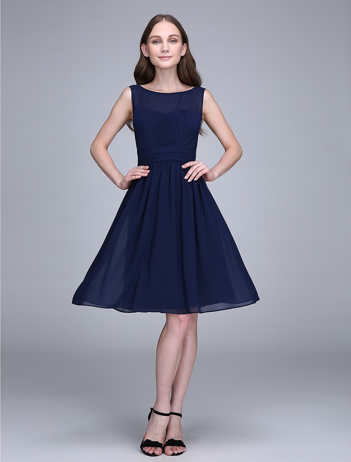 Bridesmaid Dress Jewel Neck Sleeveless Knee Length Chiffon with Ruched