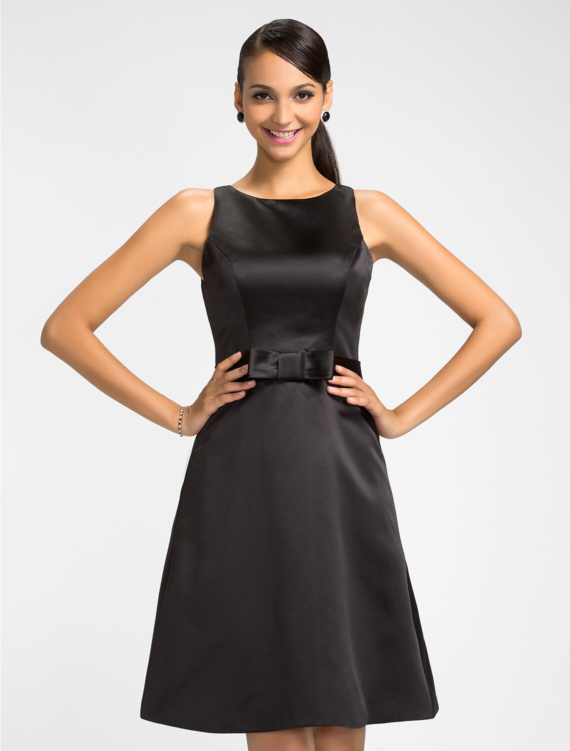 A-Line Jewel Neck Knee Length Satin Bridesmaid Dress with Bow(s) / Sash