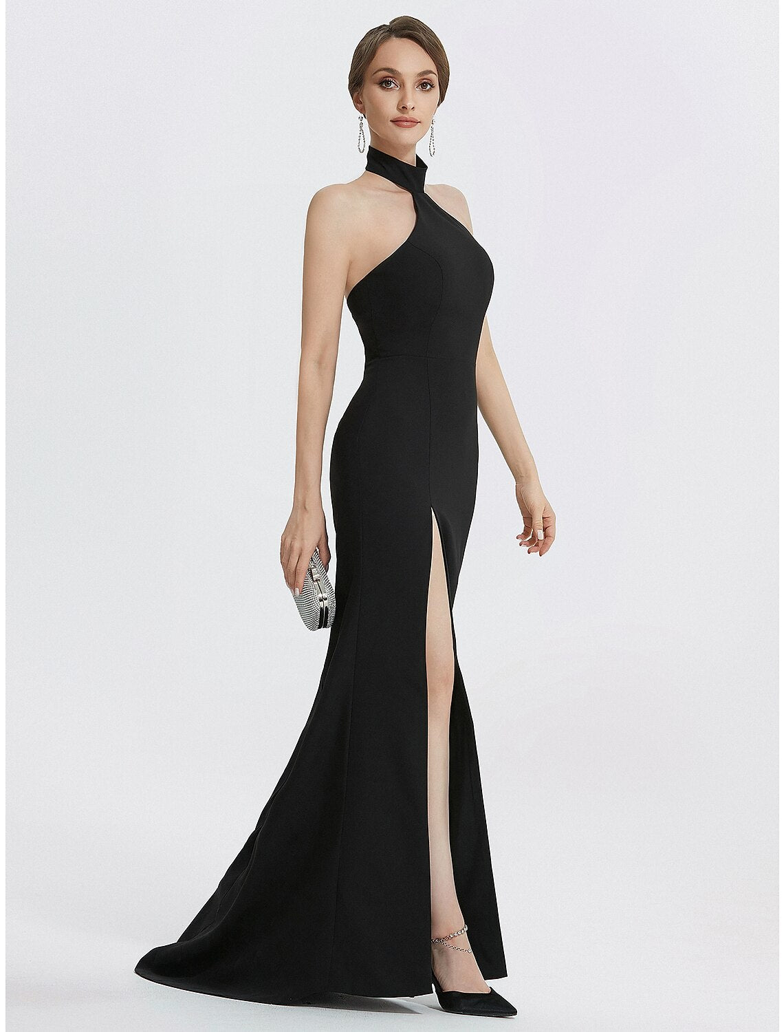 Sheath / Column Evening Gown Black Dress Dress Wedding Guest Prom Floor Length Sleeveless Halter Neck Stretch Fabric