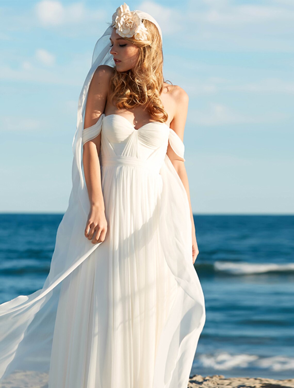 Beach Sexy Boho Wedding Dresses A-Line Off Shoulder Cap Sleeve Floor Length Chiffon Bridal Gowns With Pleats