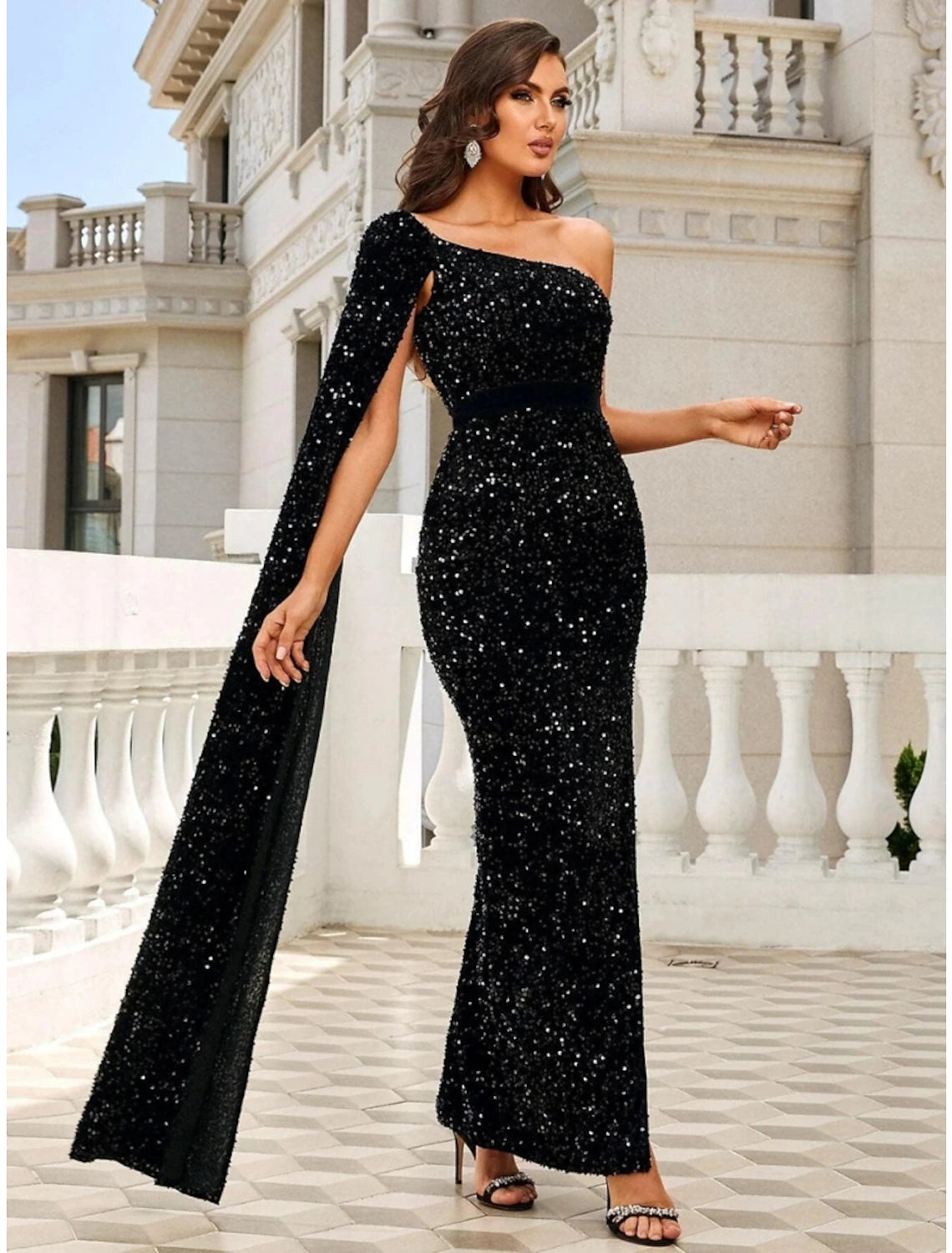 Mermaid / Trumpet Evening Gown Black Elegant Dress Formal Ankle Length Sleeveless One Shoulder Sequined