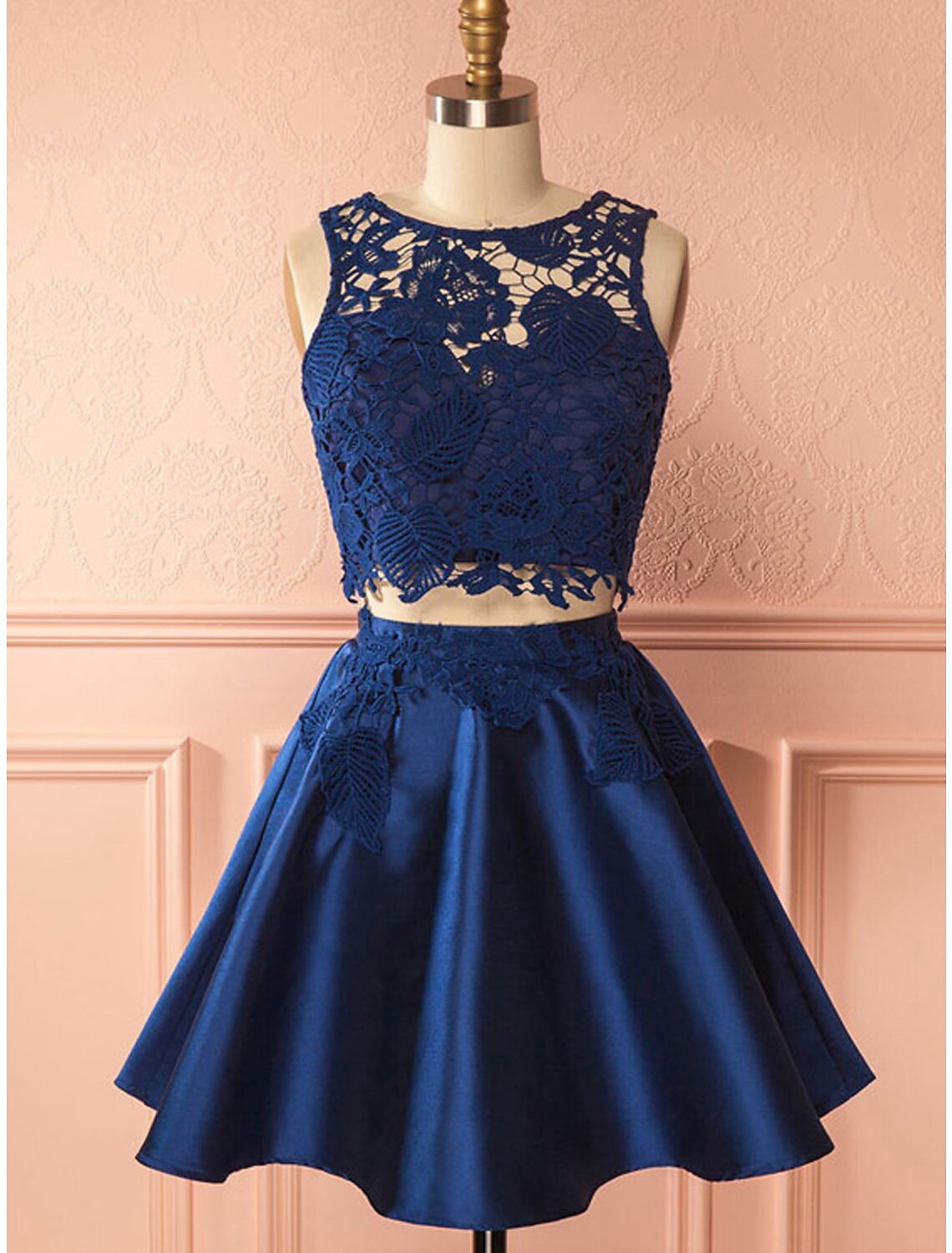 Two Piece Cocktail Dresses Party Dress Graduation Short / Mini Sleeveless Jewel Neck Lace Backless with Pleats