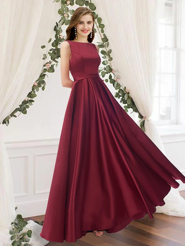A-Line Bridesmaid Dress Jewel Neck Sleeveless Elegant Floor Length Charmeuse with Pleats Pure Color