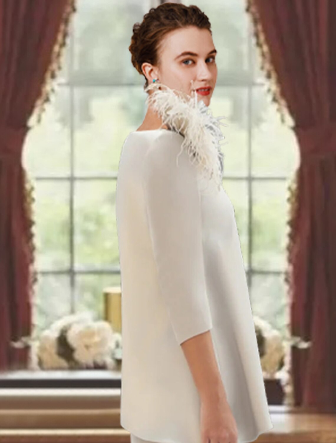 Sheath / Column Mother of the Bride Dress Formal Wedding Guest Elegant Scoop Neck Sweep / Brush Train Stretch Fabric 3/4 Length Sleeve