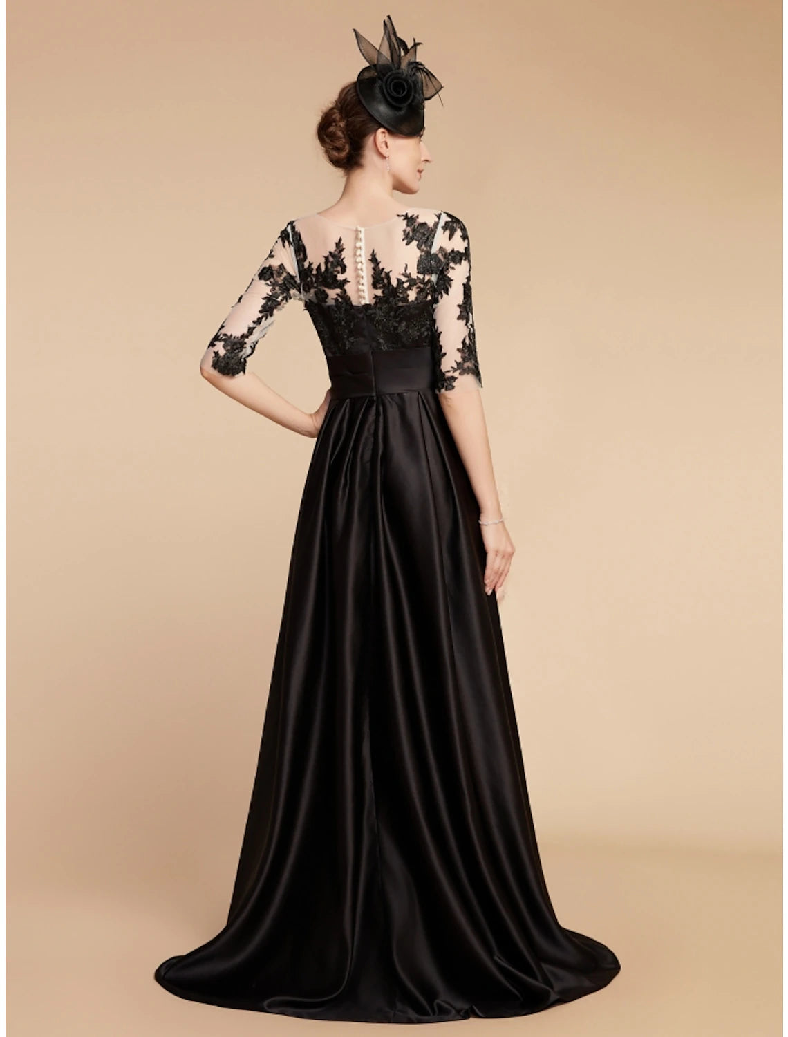 A-Line Mother of the Bride Dress Wedding Guest Elegant Party Jewel Neck Sweep / Brush Train Satin Lace Half Sleeve with Split Front Ruching