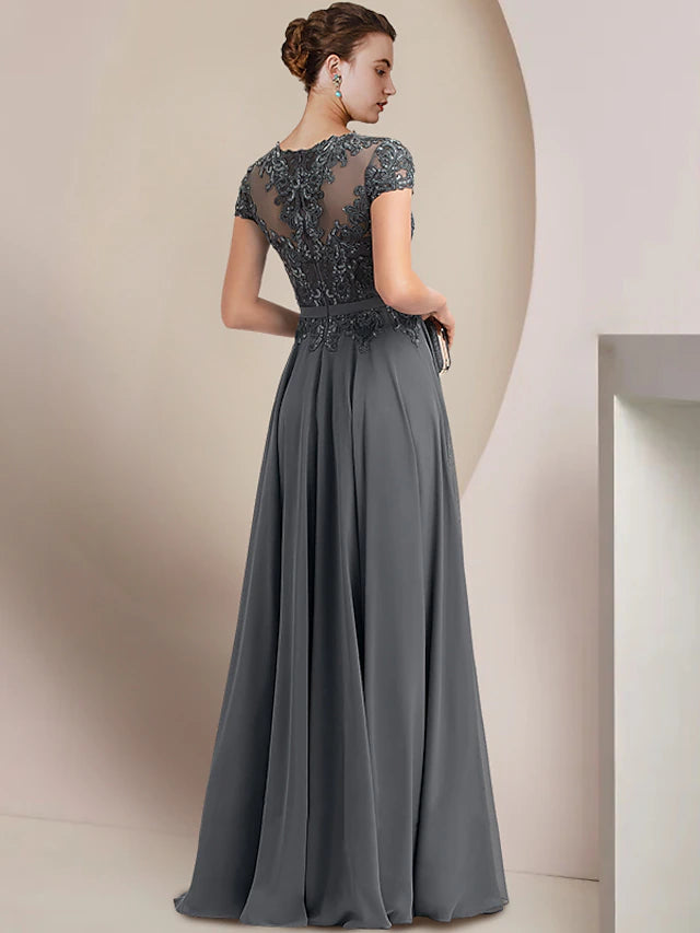 Sheath / Column Mother of the Bride Dress Wedding Guest Party Elegant Jewel Neck Floor Length Chiffon Lace Short Sleeve with Pleats