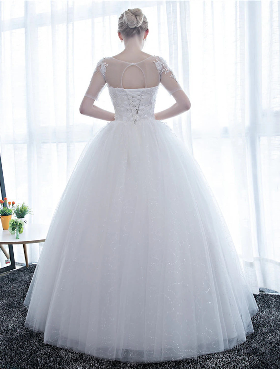 Reception Formal Wedding Dresses Ball Gown Illusion Neck Half Sleeve Floor Length Satin Bridal Gowns