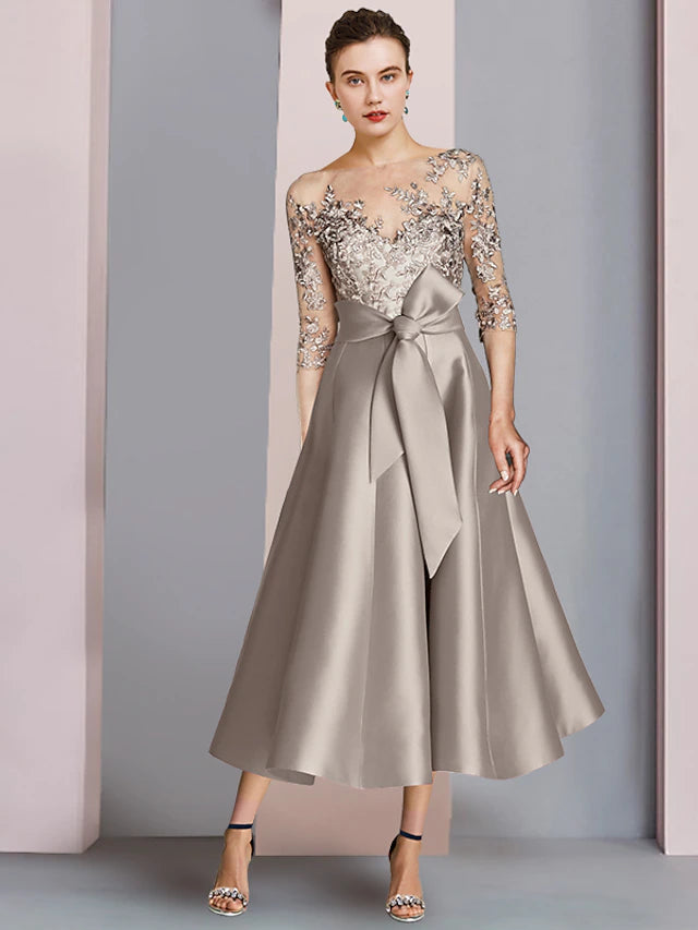 A-Line Mother of the Bride Dress Wedding Guest Party Elegant Scoop Neck Tea Length Satin Lace Half Sleeve