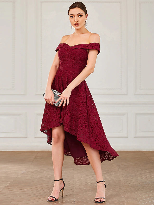 A-Line Homecoming Dresses Vintage Dress Homecoming Asymmetrical Sleeveless Off Shoulder Lace with Pleats