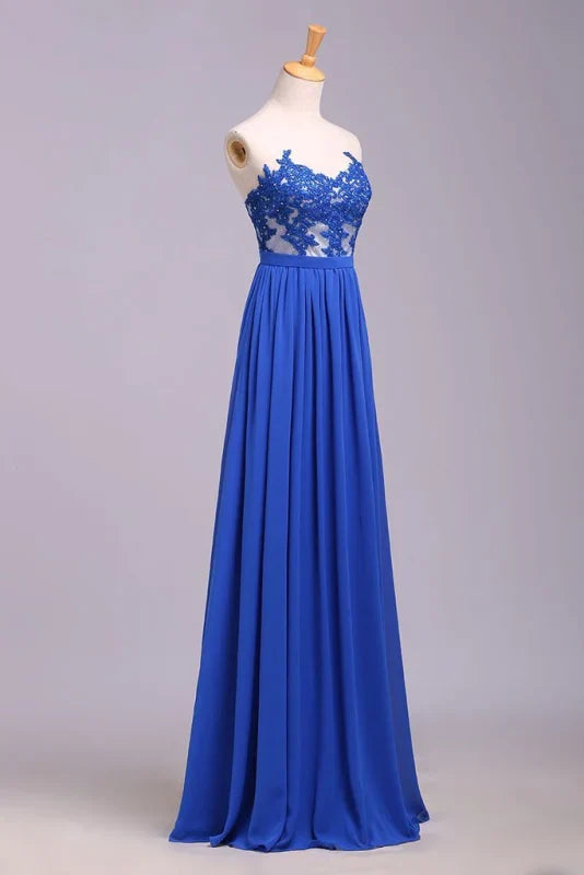 Elegant Strapless Chiffon Evening Lace Appliques Long Prom Dress Royal Blue