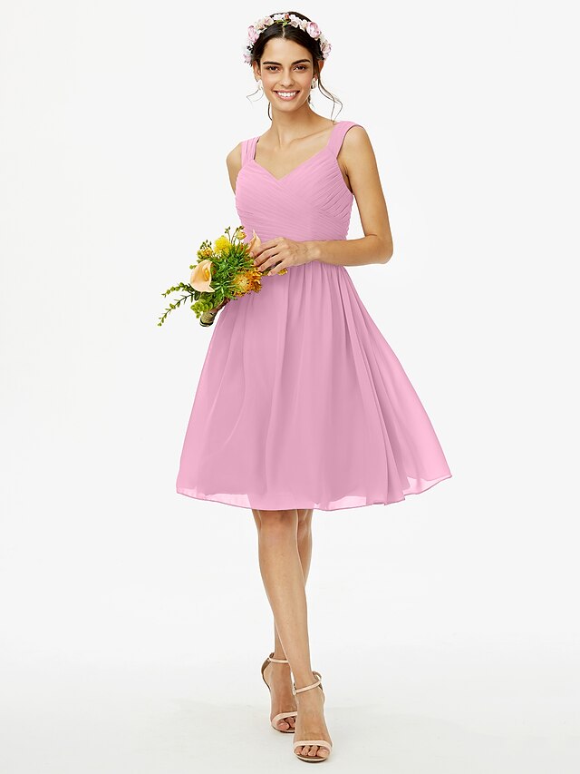 A-Line Bridesmaid Dress Straps Sleeveless Open Back Knee Length Chiffon with Sash / Ribbon / Bow(s)