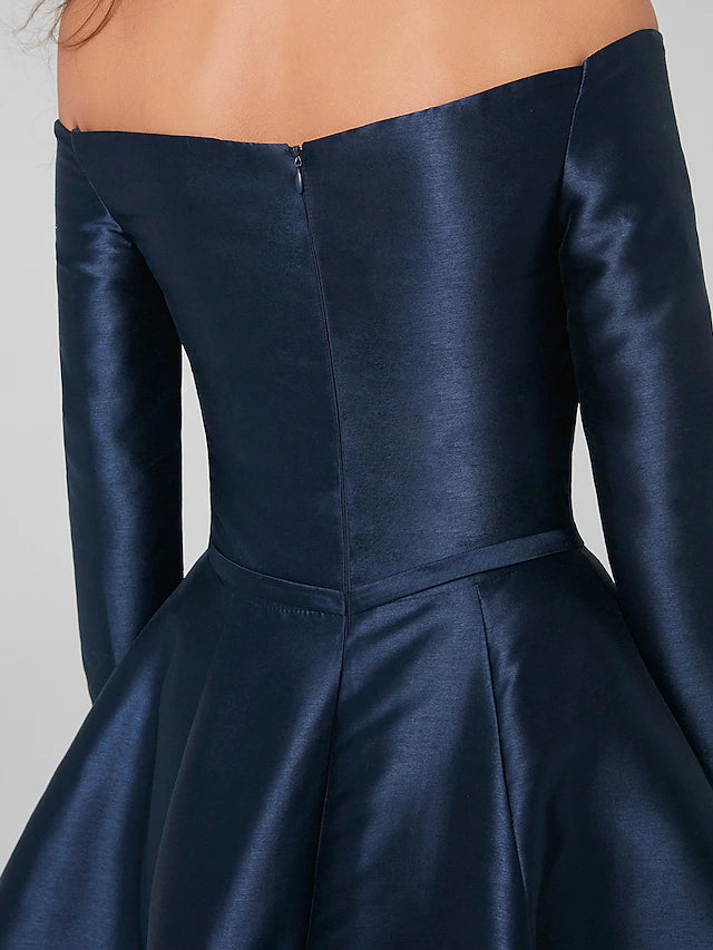 A-Line Special Occasion Dresses Party Dress Wedding Guest Knee Length Long Sleeve Off Shoulder Satin