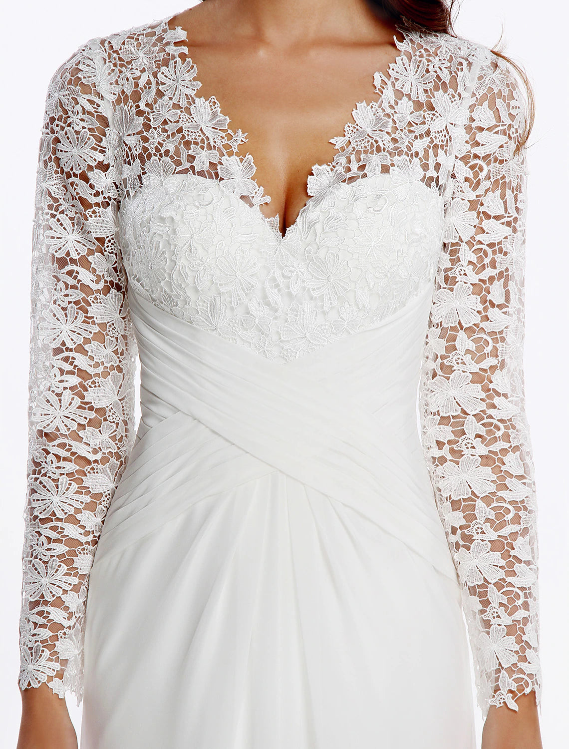 Beach Boho Wedding Dresses Sheath / Column V Neck Long Sleeve Sweep / Brush Train Chiffon Bridal Gowns With Lace