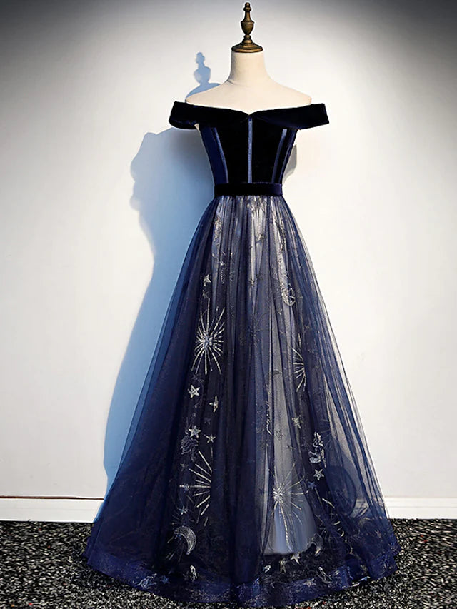 A-Line Elegant Floral Prom Formal Evening Dress Off Shoulder Short Sleeve Sweep / Brush Train Tulle with Pleats