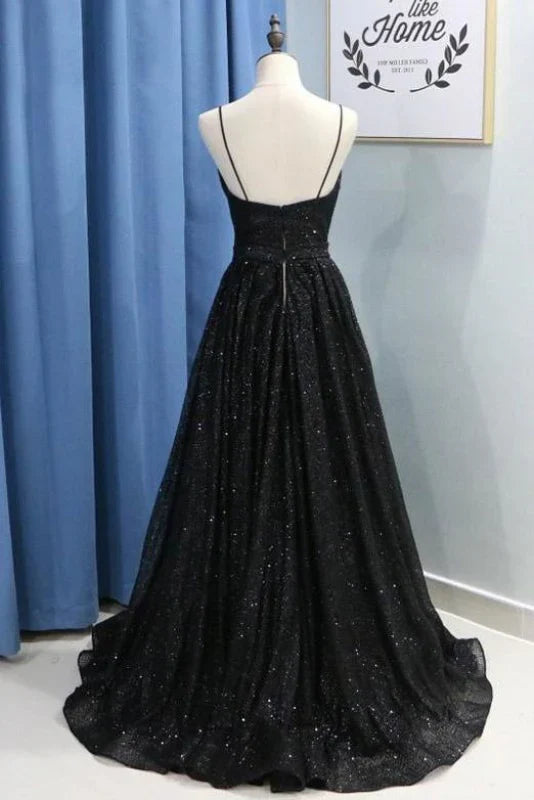 Spaghetti Straps Sequin Long Evening Dress With Split V-neck Sexy