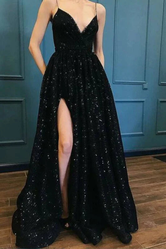 Spaghetti Straps Sequin Long Evening Dress With Split V-neck Sexy