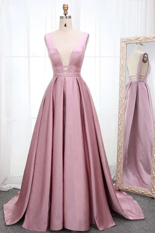 A Line Ruched Simple V Neck Sleeveless Prom Dress Sexy Evening Dress