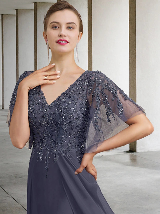 A-Line Plus Size Curve Mother of the Bride Dress Elegant V Neck Floor Length Chiffon Lace Short Sleeve with Beading Sequin