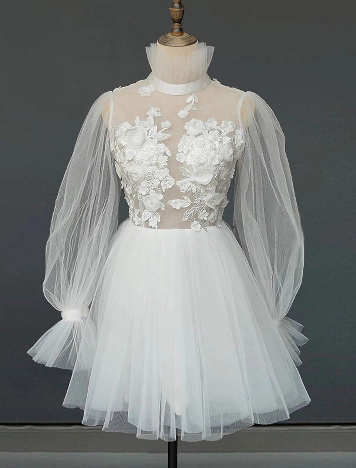 Reception Open Back Little White Dresses Wedding Dresses A-Line High Neck Long Sleeve Short / Mini Satin Bridal Gowns With Pleats