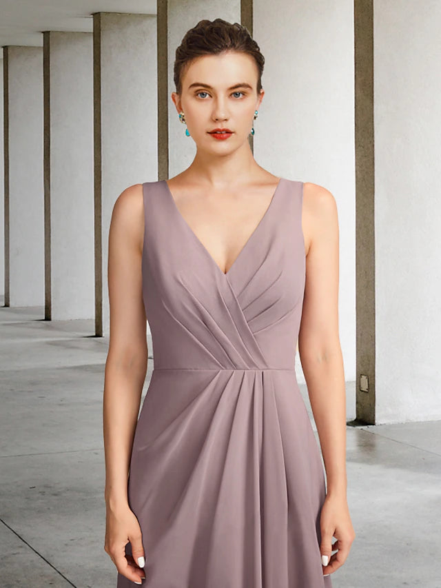 Two Piece Mother of the Bride Dress Plus Size Elegant V Neck Floor Length Chiffon Sleeveless Wrap Included Jacket Dresses with Pleats