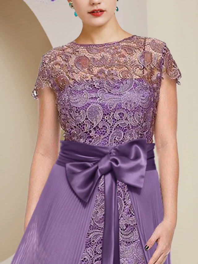 Two Piece Sheath / Column Mother of the Bride Dress Formal Wedding Guest Elegant detachable Scoop Neck Knee Length Chiffon Lace Short Sleeve with Bow(s) Pleats