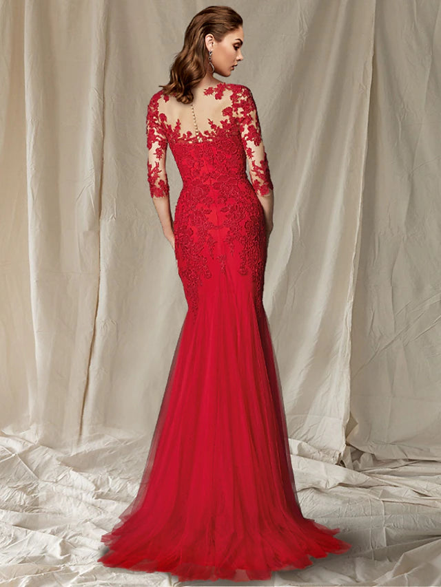 Mermaid / Trumpet Mother of the Bride Dress Luxurious Elegant V Neck Sweep / Brush Train Lace Tulle Half Sleeve with Pleats