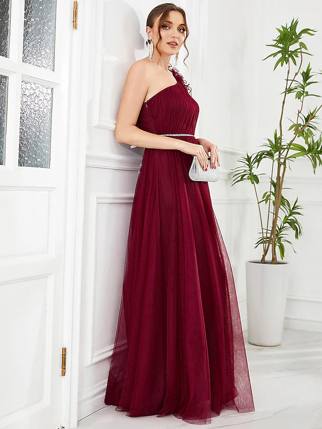 A-Line Prom Dresses Vintage Dress Wedding Party Floor Length Sleeveless One Shoulder Tulle
