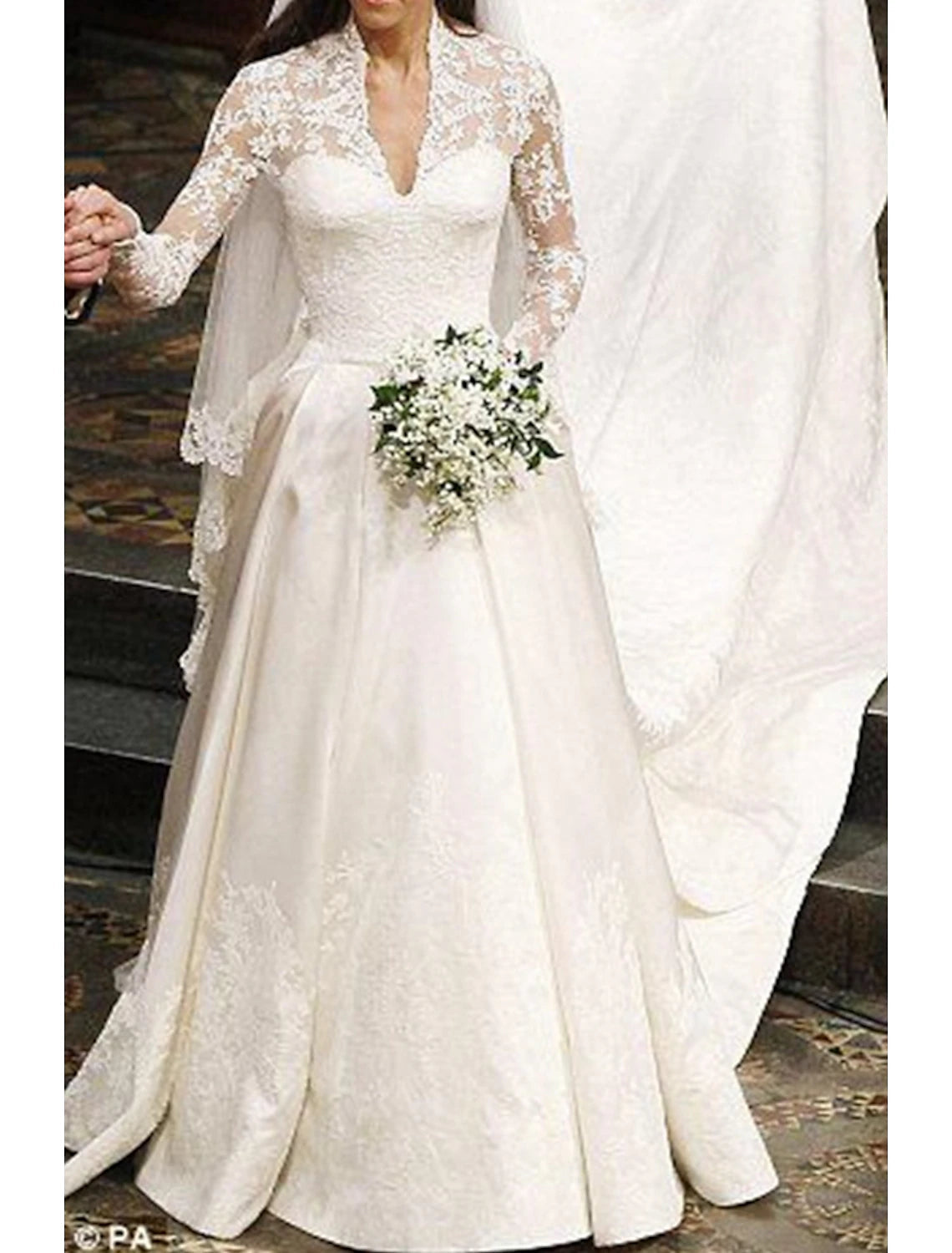 Engagement Formal Wedding Dresses A-Line Illusion Neck Long Sleeve Court Train Satin Bridal Gowns With Pleats