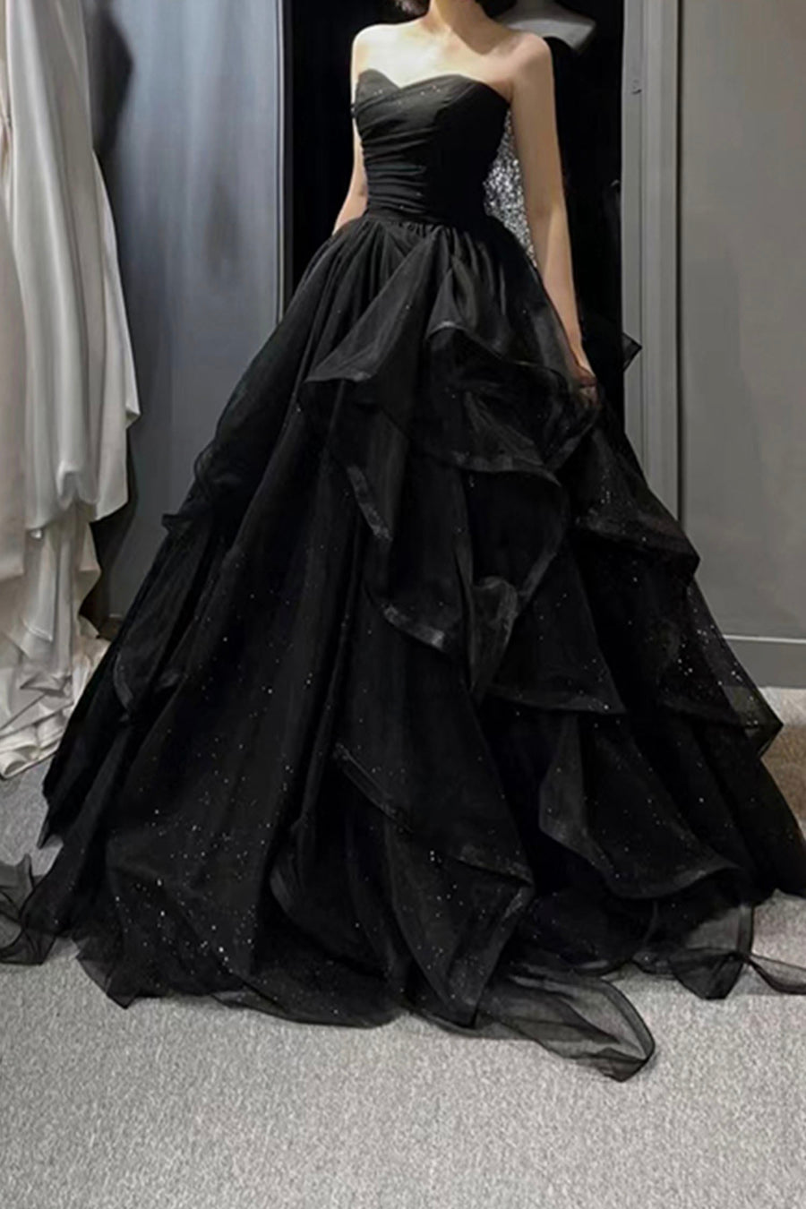 Black Tulle Long A-Line Prom Dress Off Shoulder Evening Party Dress