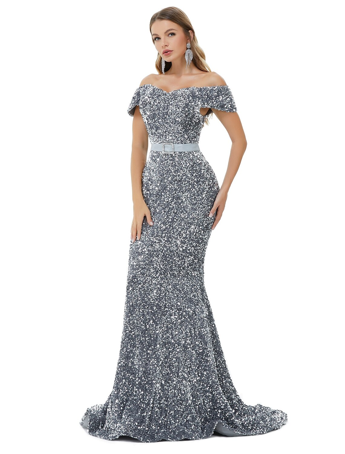 Mermaid / Trumpet Sparkle bodycon Engagement Formal Evening Dress Off Shoulder Cowl Back Sleeveless Court Train Sequined