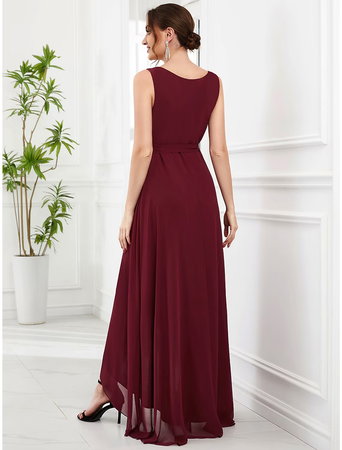 A-Line Wedding Guest Dresses Elegant Dress Party Wear Asymmetrical Sleeveless V Neck Chiffon with Ruffles