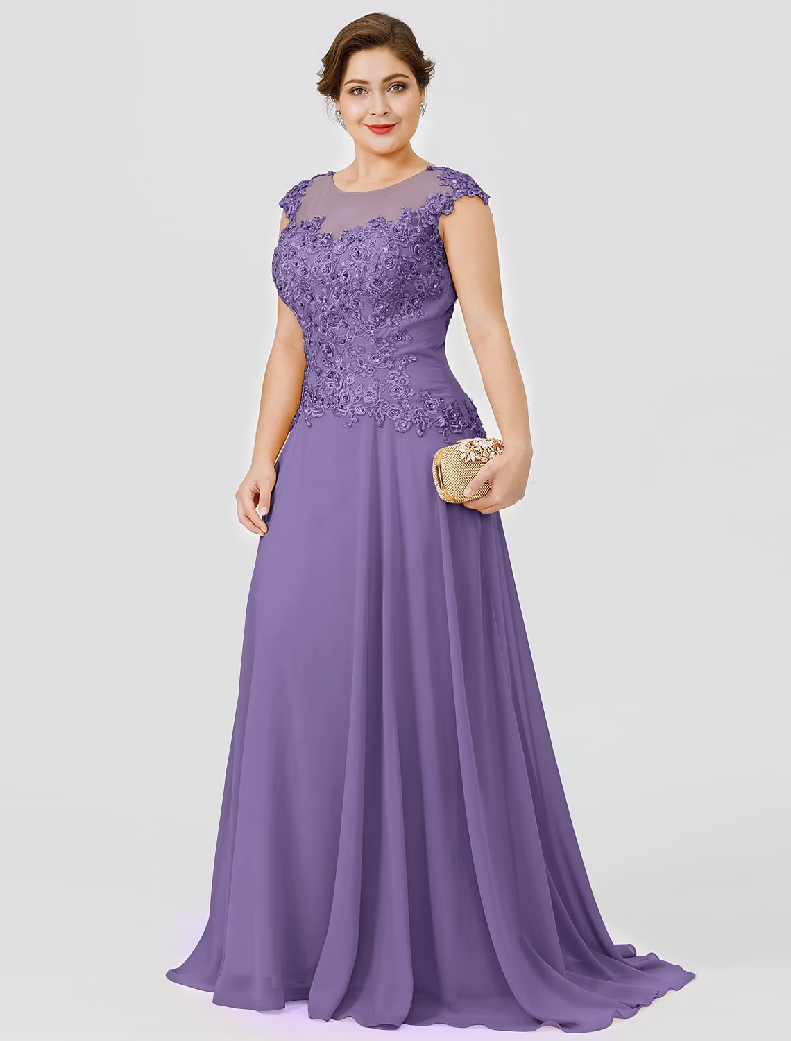 A-Line Mother of the Bride Dress Plus Size Elegant Illusion Neck Sweep / Brush Train Chiffon Beaded Lace Short Sleeve No with Bow(s)
