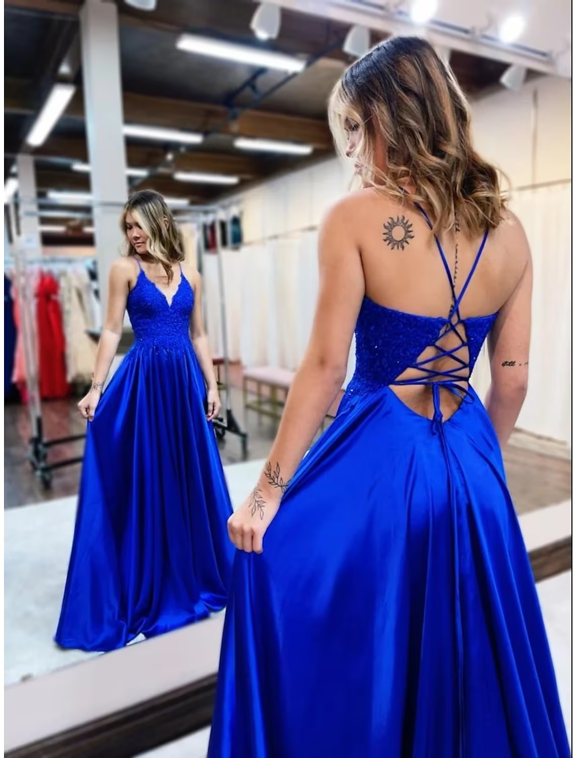 A-Line Long Prom Dresses Empire Dress Formal Court Train Sleeveless V Neck Satin Backless with Beading Appliques