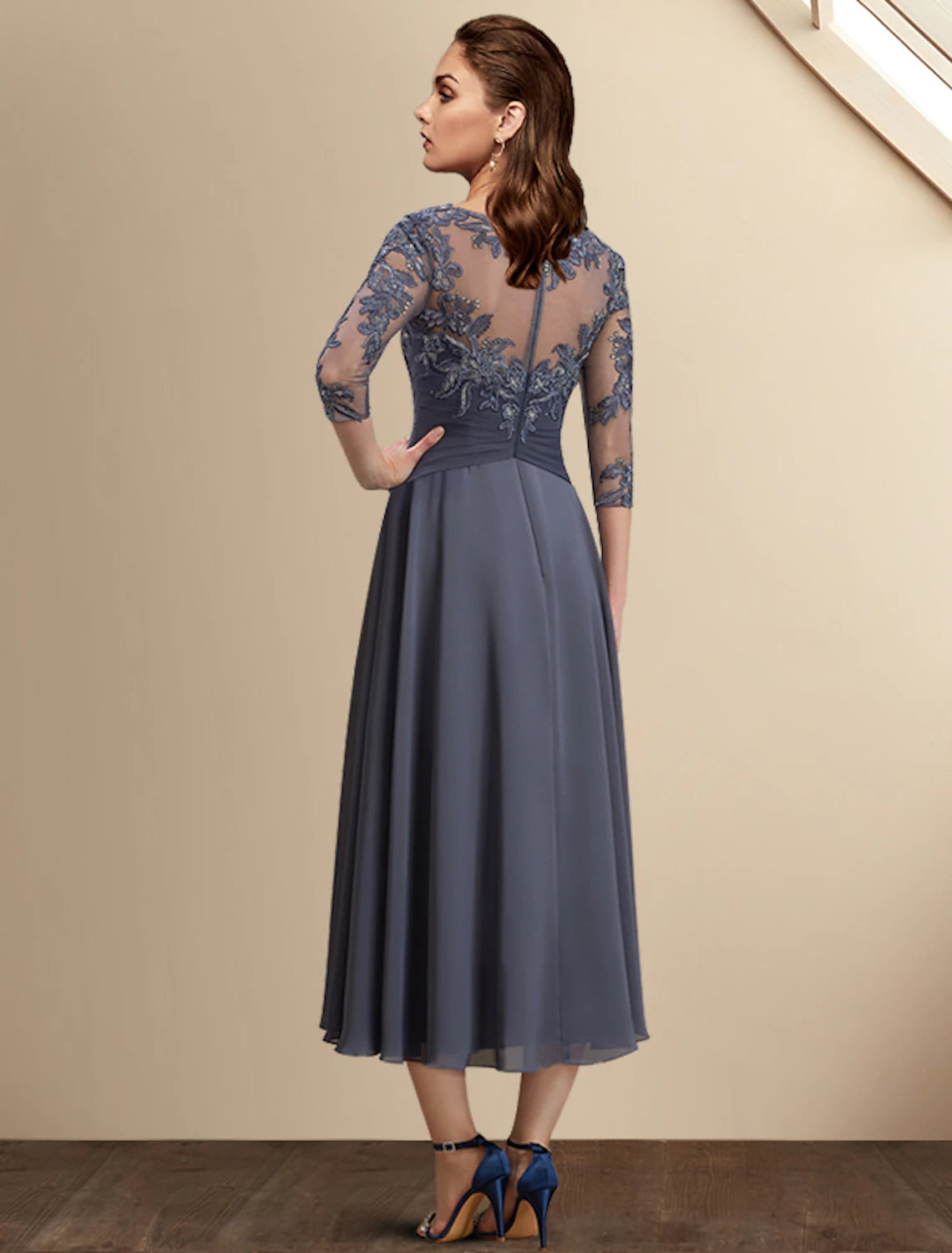 A-Line Mother of the Bride Dress Wedding Guest Plus Size Elegant High Low Jewel Neck Asymmetrical Tea Length Chiffon Lace 3/4 Length Sleeve with Sequin