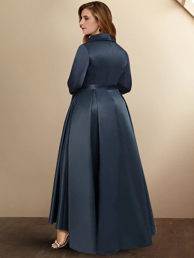 A-Line Plus Size Curve Mother of the Bride Dresses High Low Dress Formal Asymmetrical 3/4 Length Sleeve Shirt Collar Satin with Bow(s)