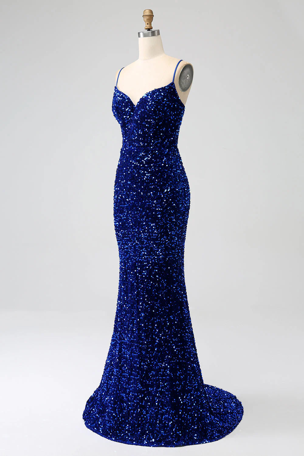 Mermaid Spaghetti Straps Velvet Sequin Long Prom Dress Pure Color Sparkly