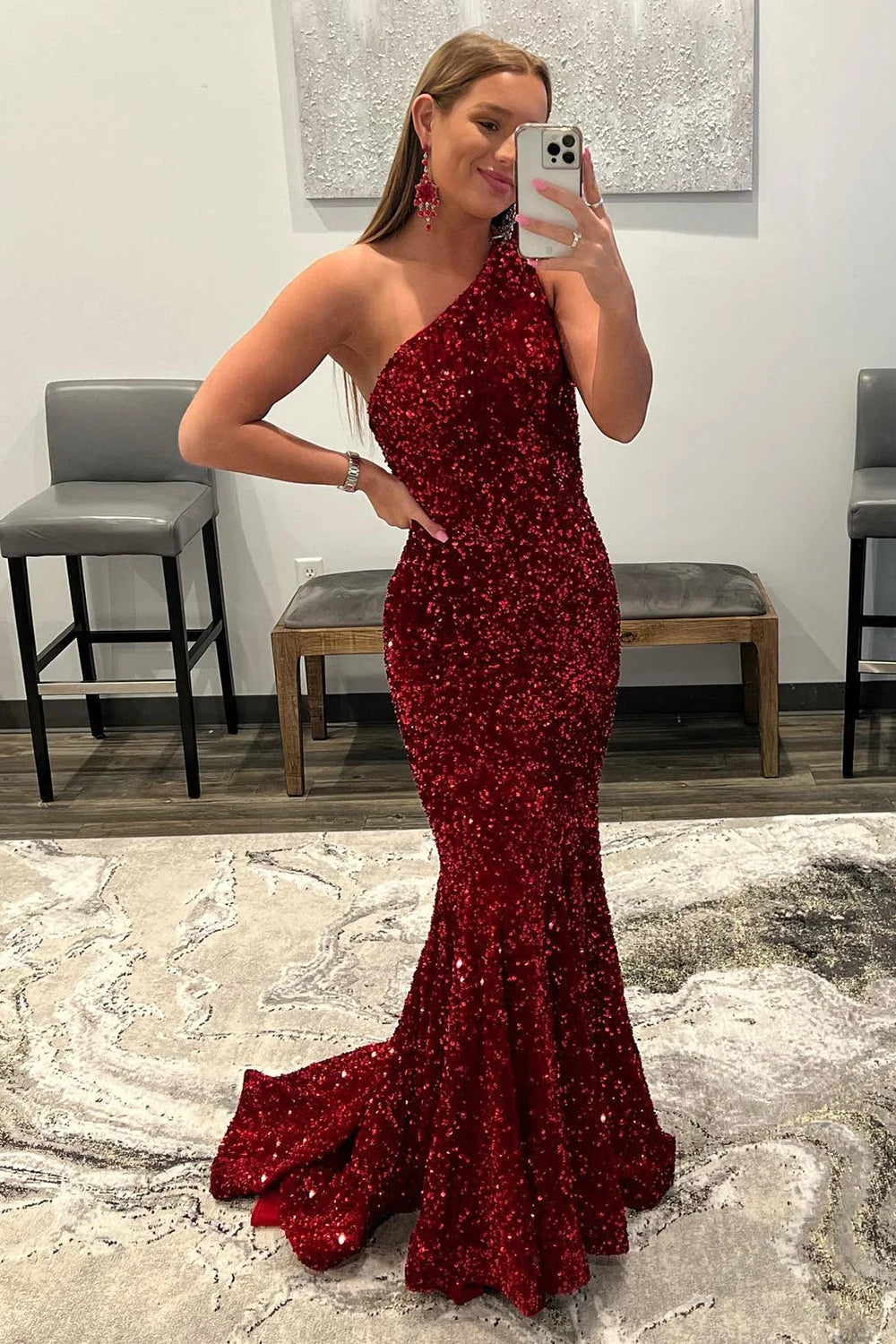 Coral Sequins One Shoulder Mermaid Long Prom Dress Sparkly Evening Dresses